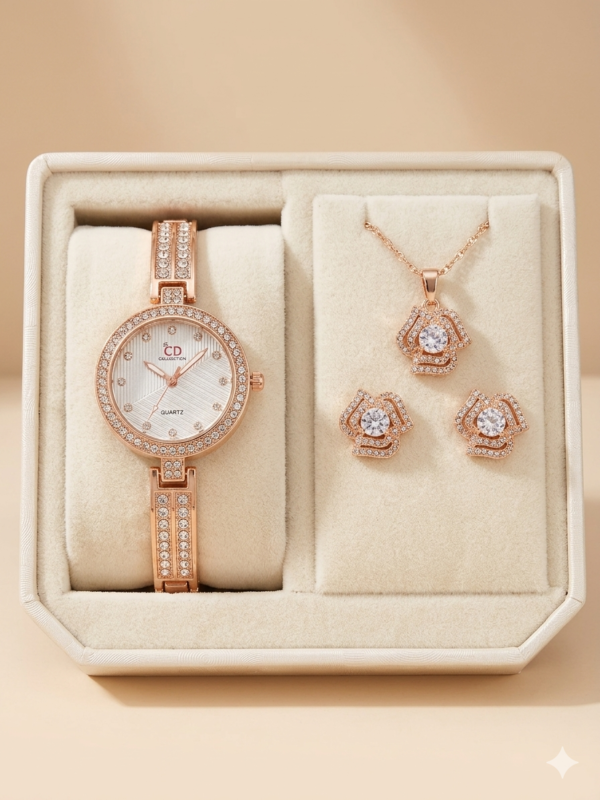 Rose Bloom Luxury Watch and Jewellery Set