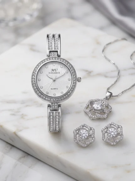 Silver Bloom Crystal Watch & Jewellery Set