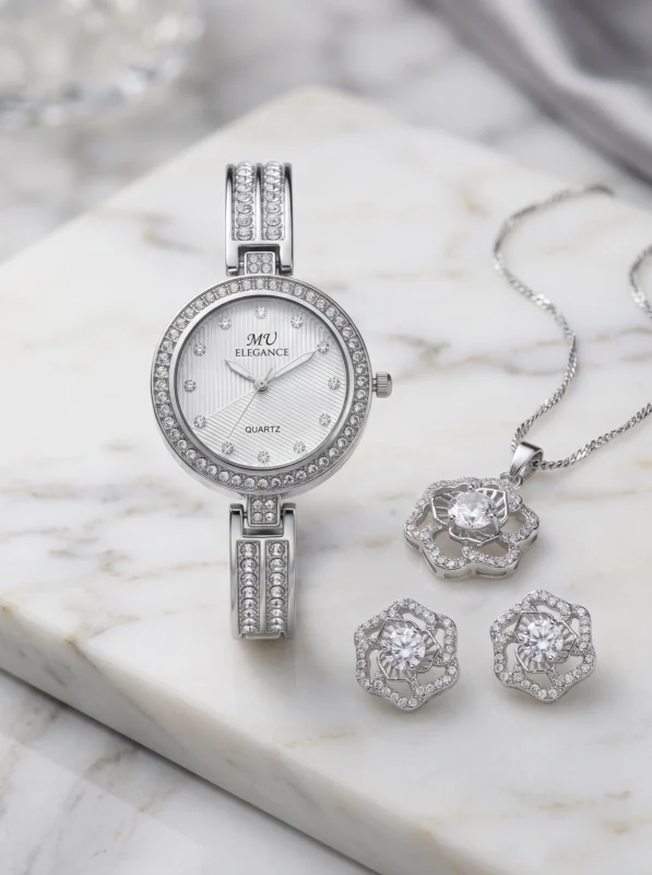 Silver Bloom Crystal Watch & Jewellery Set