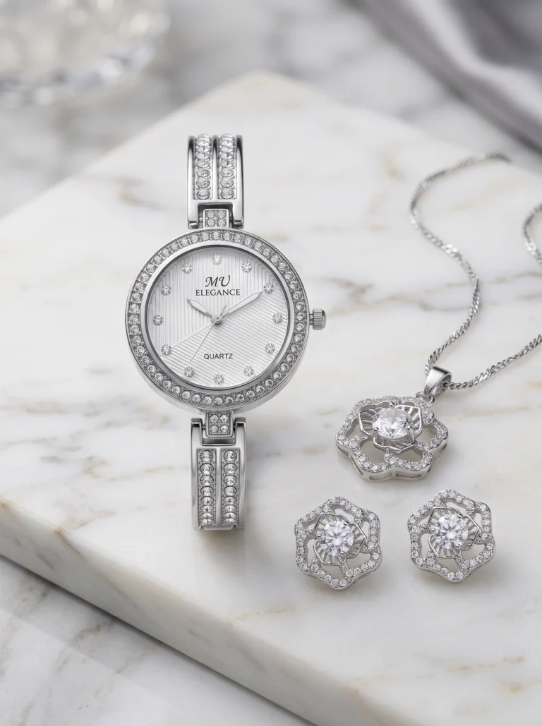 Silver Bloom Crystal Watch & Jewellery Set