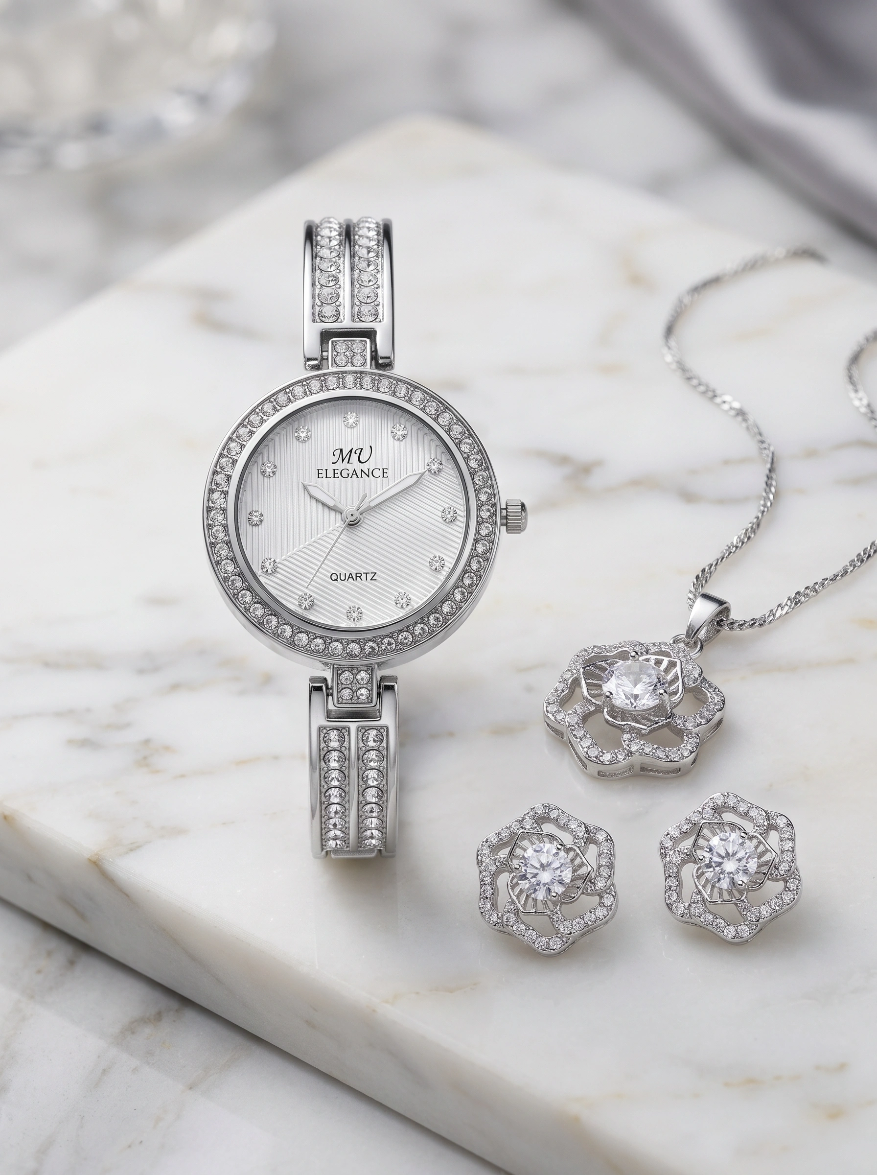1.1 Silver Bloom Crystal Watch & Jewellery Set