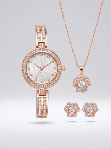 Rose Aura women's rose gold watch and jewellery set with necklace and earrings