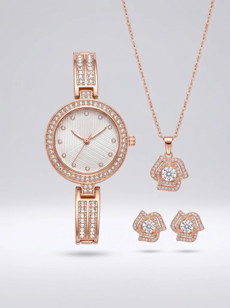 Rose Aura women's rose gold watch and jewellery set with necklace and earrings